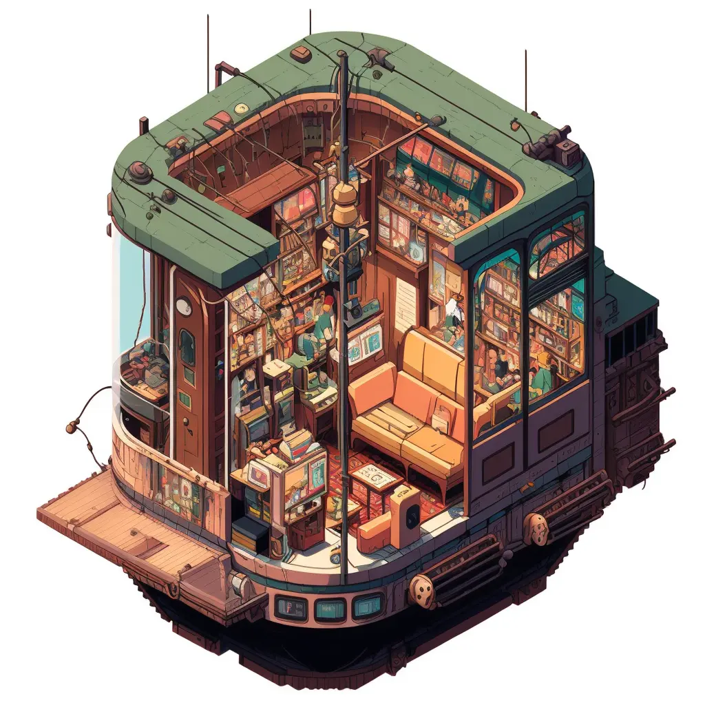 Isometric clean pixel art image cutaway of inside of cable car 
